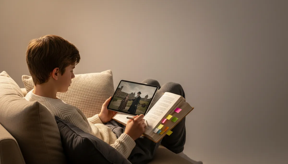 Student studying a historical book while watching its Netflix film adaptation Student studying a historical book while watching its Netflix film adaptation