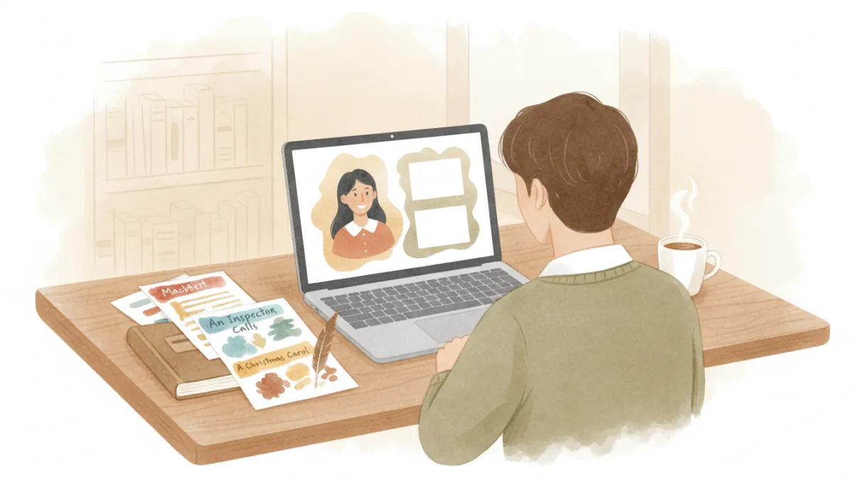 Professional neutral-style image of a student studying GCSE English texts with online tutoring on screen Professional neutral-style image of a student studying GCSE English texts with online tutoring on screen
