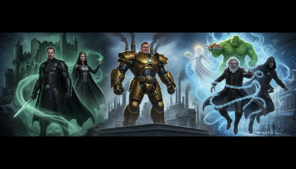 Add Pictures from the Marvel Universe [Brand guidelines: use brand color palette #ffffff, #000000, #001219, #27ade2, #7bcce8]. Context: This is for a blog post about "Macbeth, Mr Birling and Scrooge as Marvel Heroes and Villains: A Fun Guide for GCSE English Students". Style: Professional quality, photorealistic, high resolution