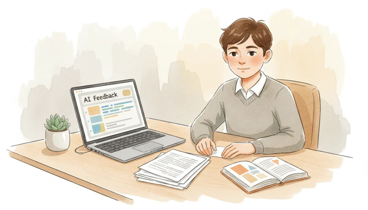 Student reviewing AI-generated feedback on a GCSE-style English essay in a professional study environment Student reviewing AI-generated feedback on a GCSE-style English essay in a professional study environment