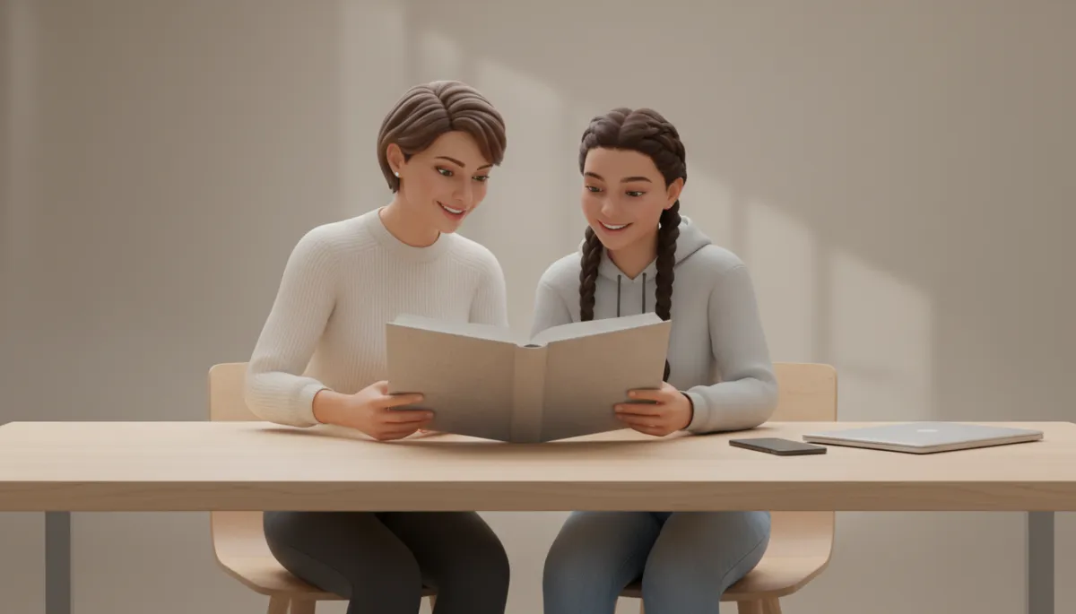 Teacher and teenager sharing a relaxed conversation about a book Teacher and teenager sharing a relaxed conversation about a book