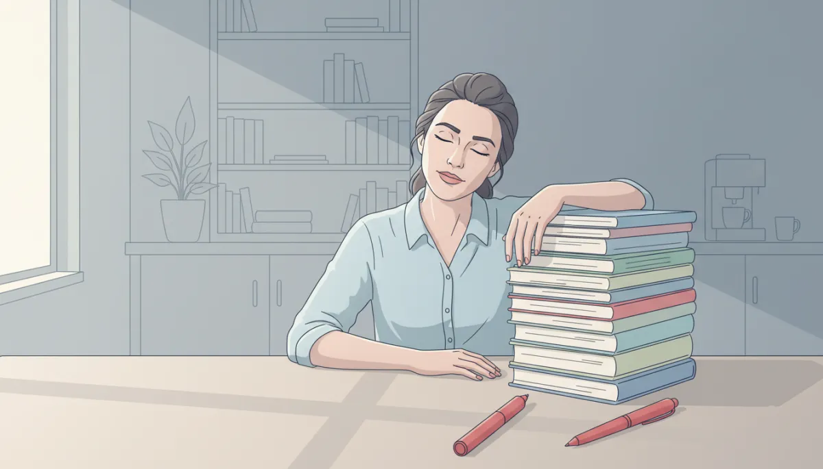Tired English teacher in a staffroom with a large pile of exercise books Tired English teacher in a staffroom with a large pile of exercise books
