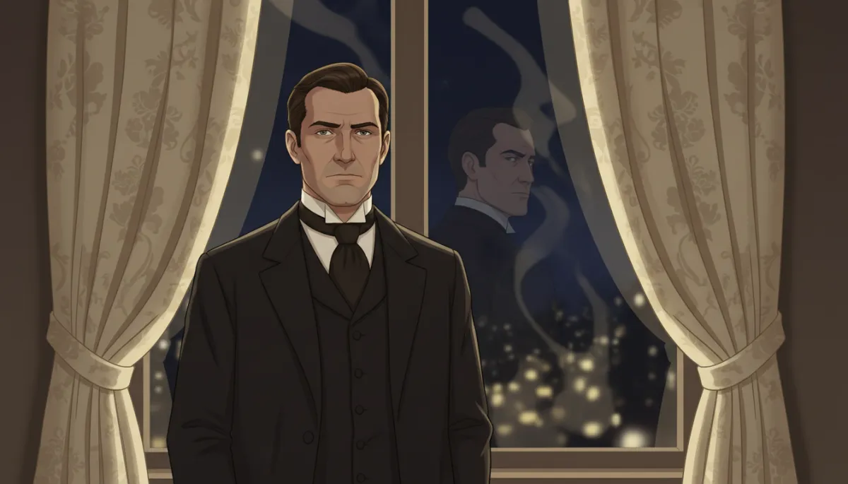 Victorian lawyer looking out of a window at night, his reflection distorted, suggesting limited perspective
