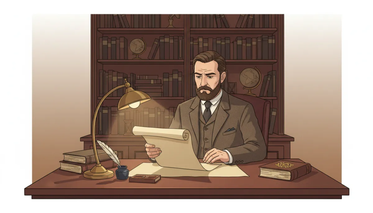 Victorian gentleman reading legal papers at a neat desk, representing Mr Utterson's professional respectability