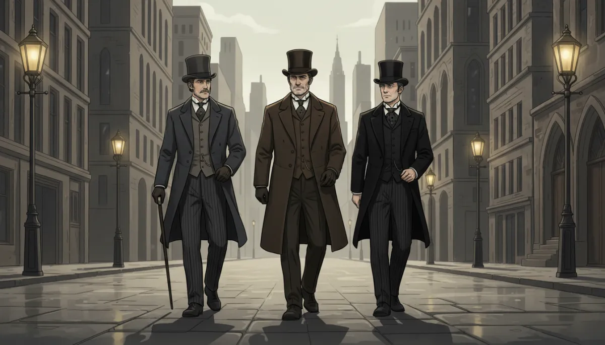 Three Victorian gentlemen walking together formally, representing Utterson's relationships with other characters