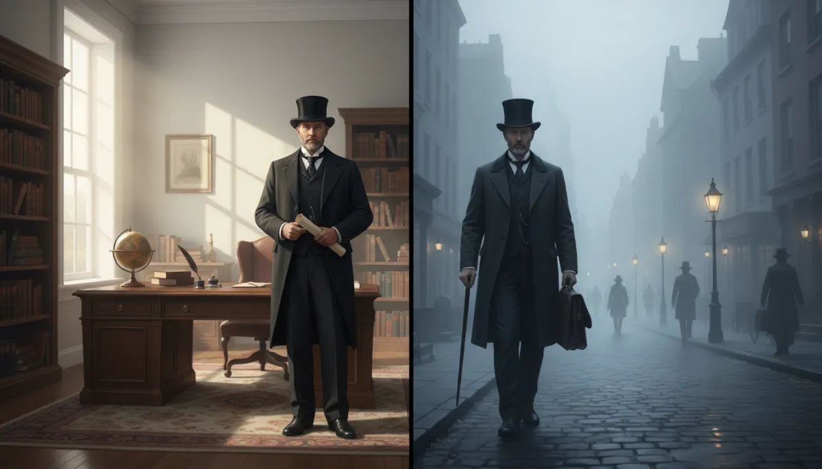 Split scene of a Victorian lawyer in a bright office and in a dark foggy street, showing dual aspects of Mr Utterson
