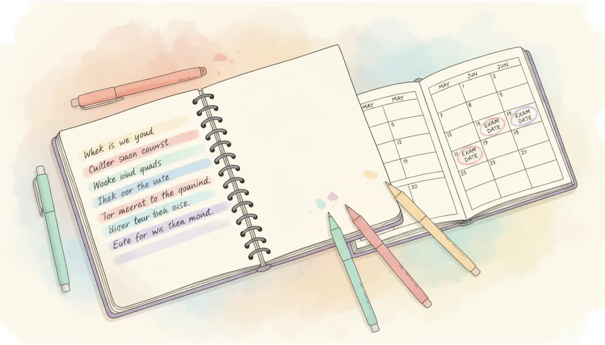 professional soft pastel illustration of a close-up of a student’s notebook with neatly highlighted quotes, planner with exam dates, and pastel-colored pens, calm study desk scene, modern clean style