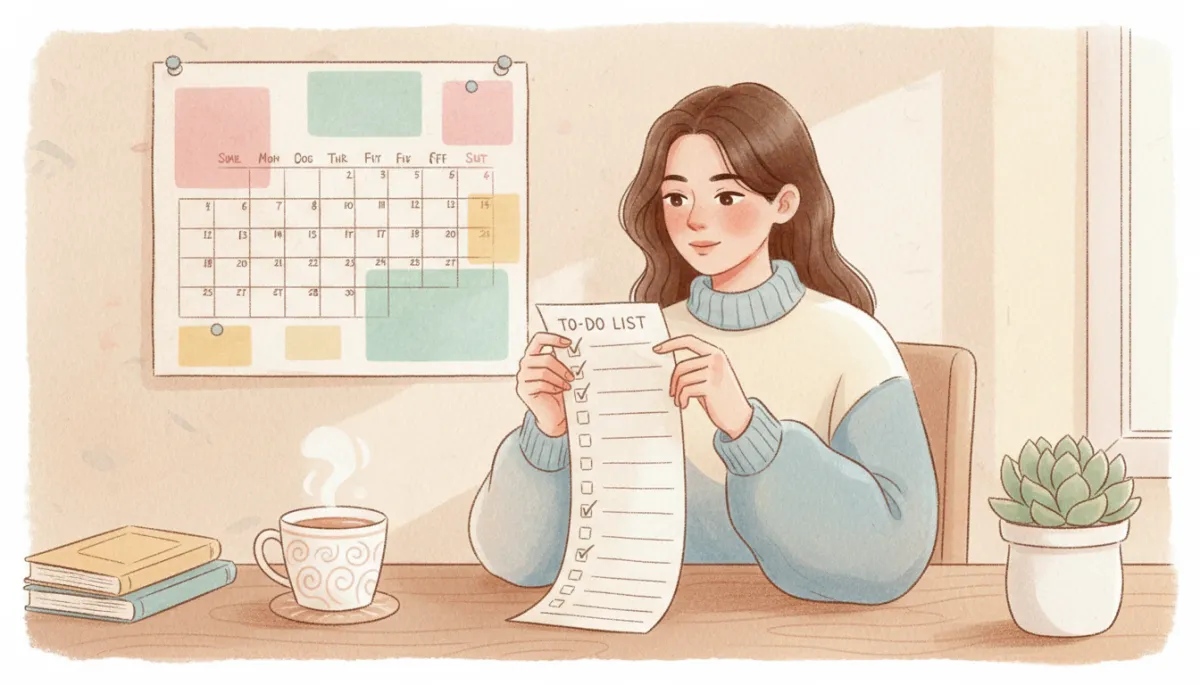 professional soft pastel illustration of a relaxed Year 11 student checking a to-do list with many tasks already ticked off, pastel calendar on the wall, cup of tea on a desk, calm atmosphere
