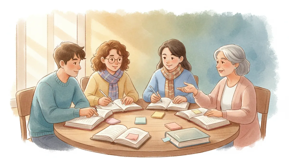 professional soft pastel illustration of a small group of students around a table, each with open books and pastel sticky notes, discussing a text while a tutor gently guides the conversation