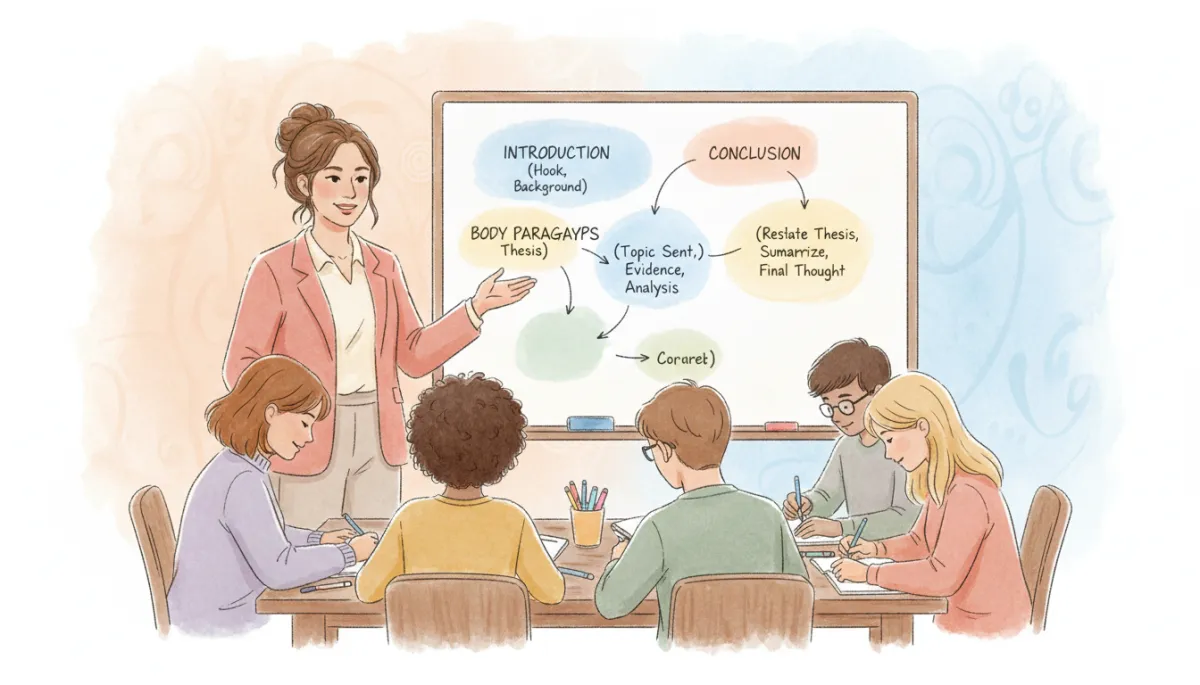 professional soft pastel illustration of an experienced tutor standing by a whiteboard with a clear essay structure diagram, small attentive group of students taking notes with pastel stationery