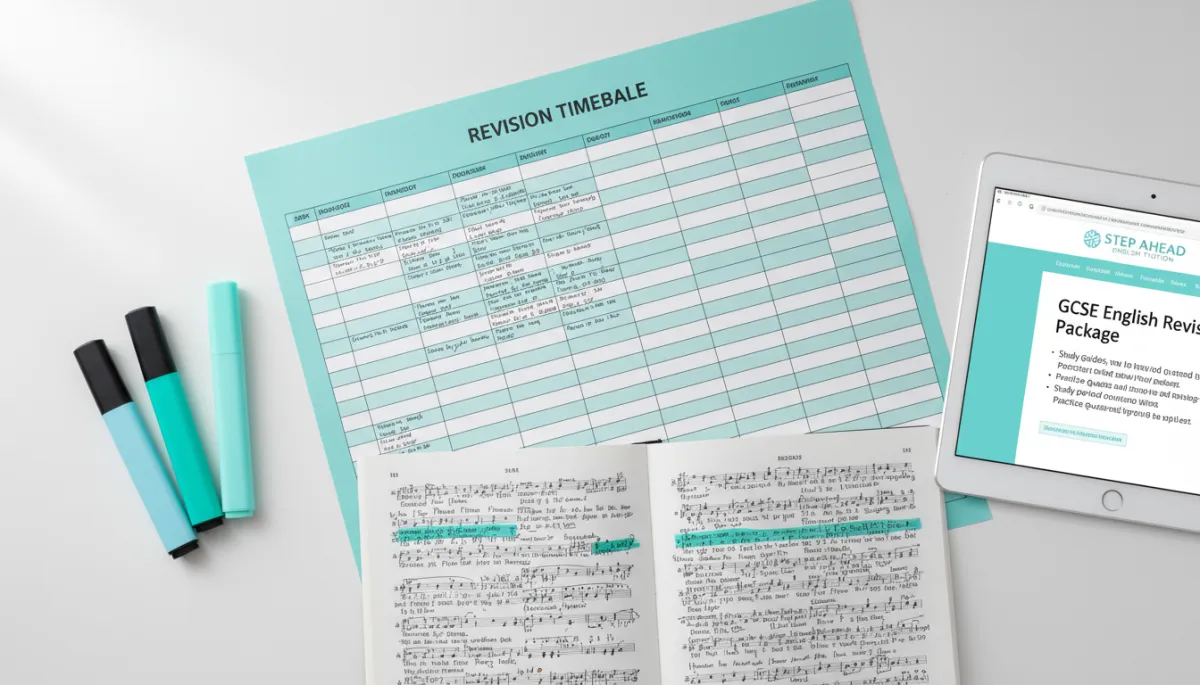 GCSE English revision materials and digital tuition resources on a desk GCSE English revision materials and digital tuition resources on a desk