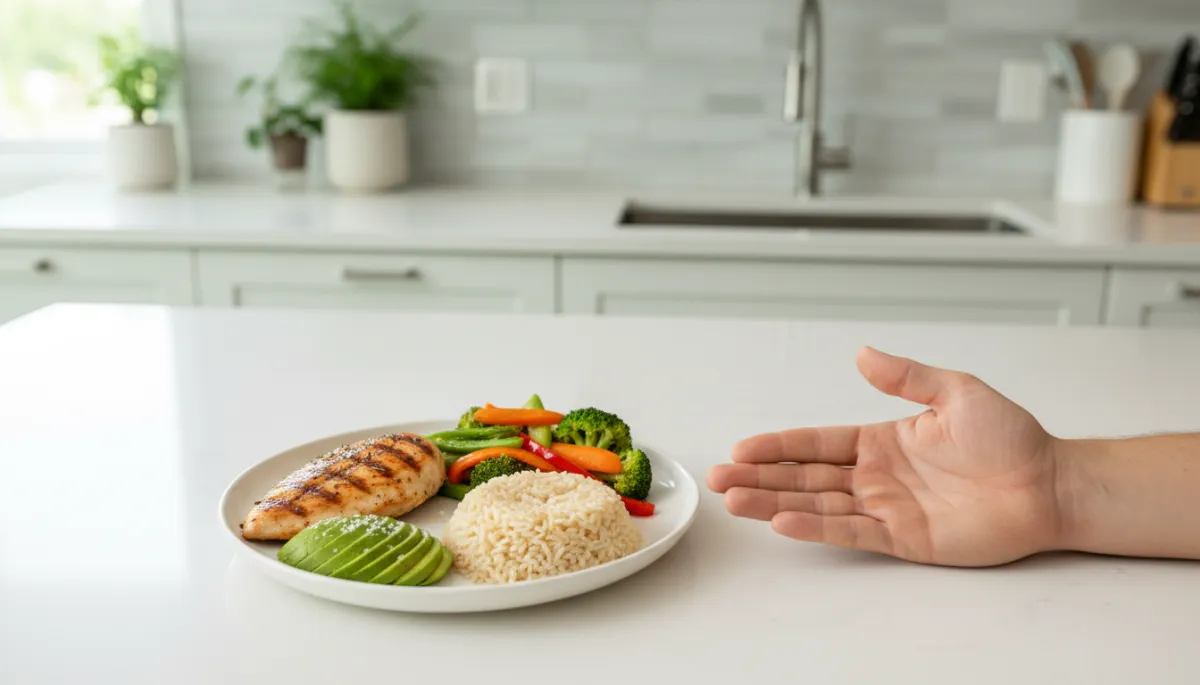 Create a photorealistic, high-resolution image of a balanced dinner plate arranged according to the PhenixFitt Hand Method and Perfect Plate Protocol for sustainable fat loss. The plate is divided into four distinct sections: a palm-sized portion of grilled lean chicken breast, a vibrant fist-sized mound of colorful steamed vegetables (broccoli, carrots, and red bell peppers), a cupped-hand portion of fluffy brown rice, and a neat thumb-sized serving of sliced avocado. Next to the plate, a clean, well-groomed human hand is positioned palm-up with fingers slightly apart, visually aligning with each portion size on the plate for clear scale reference. The setting is a bright, modern kitchen with white countertops and minimal decor, emphasizing freshness and accessibility. The overall composition is clean, inviting, and educational, with soft natural lighting and a subtle depth of field to draw attention to the plate and hand. This image should feel approachable yet professional, perfectly suited for a high-quality wellness blog focused on sustainable fat loss through practical nutrition strategies. Create a photorealistic, high-resolution image of a balanced dinner plate arranged according to the PhenixFitt Hand Method and Perfect Plate Protocol for sustainable fat loss. The plate is divided into four distinct sections: a palm-sized portion of grilled lean chicken breast, a vibrant fist-sized mound of colorful steamed vegetables (broccoli, carrots, and red bell peppers), a cupped-hand portion of fluffy brown rice, and a neat thumb-sized serving of sliced avocado. Next to the plate, a clean, well-groomed human hand is positioned palm-up with fingers slightly apart, visually aligning with each portion size on the plate for clear scale reference. The setting is a bright, modern kitchen with white countertops and minimal decor, emphasizing freshness and accessibility. The overall composition is clean, inviting, and educational, with soft natural lighting and a subtle depth of field to draw attention to the plate and hand. This image should feel approachable yet professional, perfectly suited for a high-quality wellness blog focused on sustainable fat loss through practical nutrition strategies.