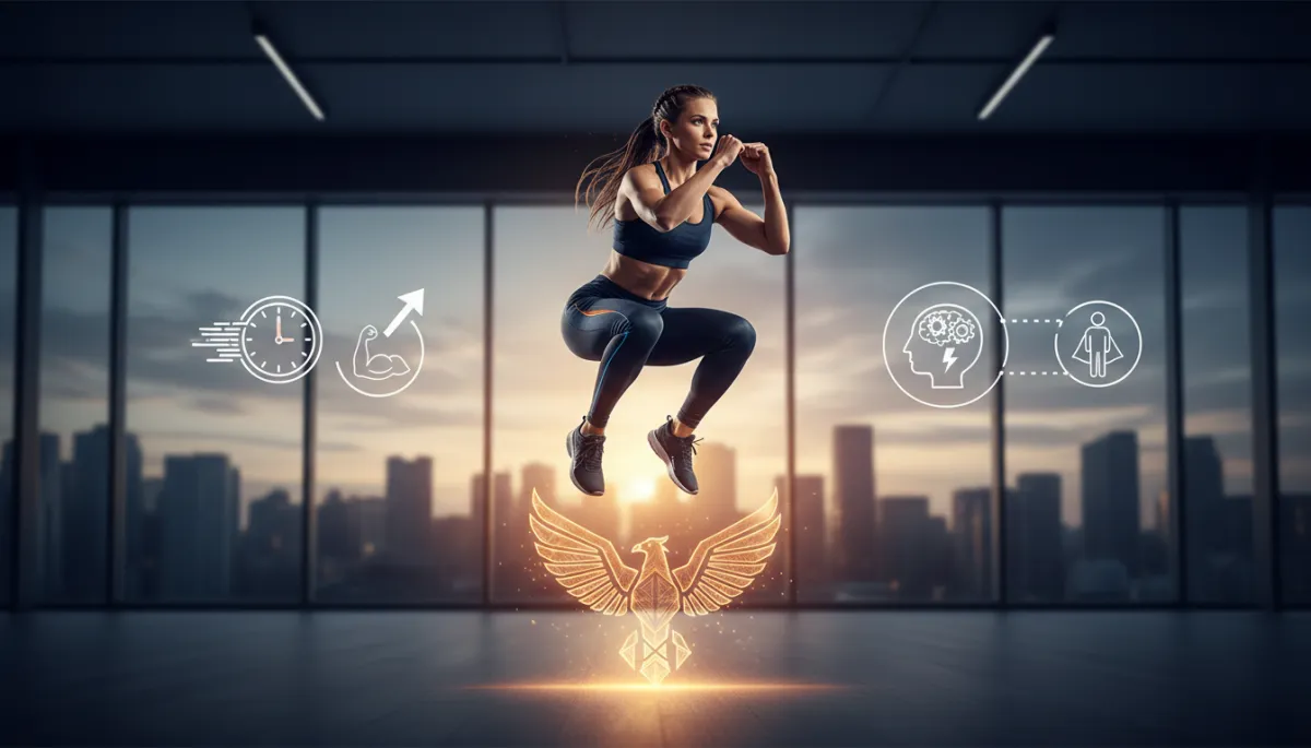 Include relevant visuals or infographics to illustrate key points about quick workouts and enhance reader engagement.. Context: This is for a blog post about "Why a Quick Workout Is Your Hidden Superpower: Unlocking the PhenixFitt Advantage". Style: Professional quality, photorealistic, high resolution Include relevant visuals or infographics to illustrate key points about quick workouts and enhance reader engagement.. Context: This is for a blog post about "Why a Quick Workout Is Your Hidden Superpower: Unlocking the PhenixFitt Advantage". Style: Professional quality, photorealistic, high resolution