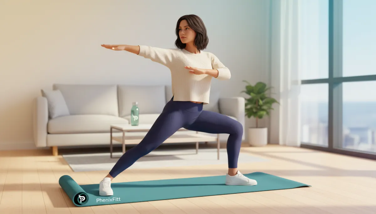 Create a photorealistic, high-quality image of a person in casual office attire performing a hip and shoulder mobility routine in a bright, modern living room with a yoga mat on the floor. Match the style of the other images in the article by using a vibrant, energetic color palette with slightly enhanced contrast and natural lighting. The background should be tastefully blurred to keep the focus on the individual, who appears confident and empowered mid-stretch, reflecting the theme of a quick workout as a hidden superpower. The overall mood should be dynamic and motivating, with subtle PhenixFitt branding elements (such as a small logo on the mat or water bottle) to maintain brand consistency across the blog. Create a photorealistic, high-quality image of a person in casual office attire performing a hip and shoulder mobility routine in a bright, modern living room with a yoga mat on the floor. Match the style of the other images in the article by using a vibrant, energetic color palette with slightly enhanced contrast and natural lighting. The background should be tastefully blurred to keep the focus on the individual, who appears confident and empowered mid-stretch, reflecting the theme of a quick workout as a hidden superpower. The overall mood should be dynamic and motivating, with subtle PhenixFitt branding elements (such as a small logo on the mat or water bottle) to maintain brand consistency across the blog.