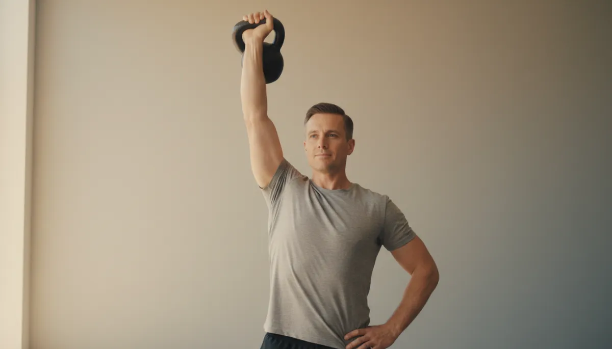 Person performing a strict kettlebell press with calm, controlled form Person performing a strict kettlebell press with calm, controlled form