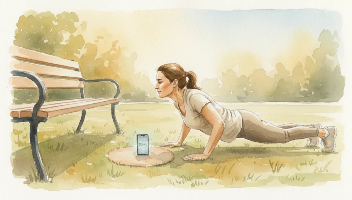 Person performing push-ups outdoors using a bench during an EMOM workout