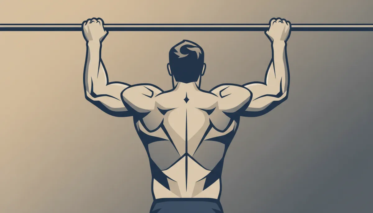 Professional close-up of athlete performing a strict pull-up with engaged back muscles