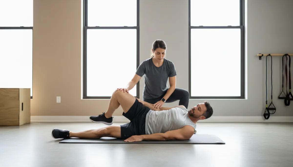 Coach guiding a client through an active hip mobility drill