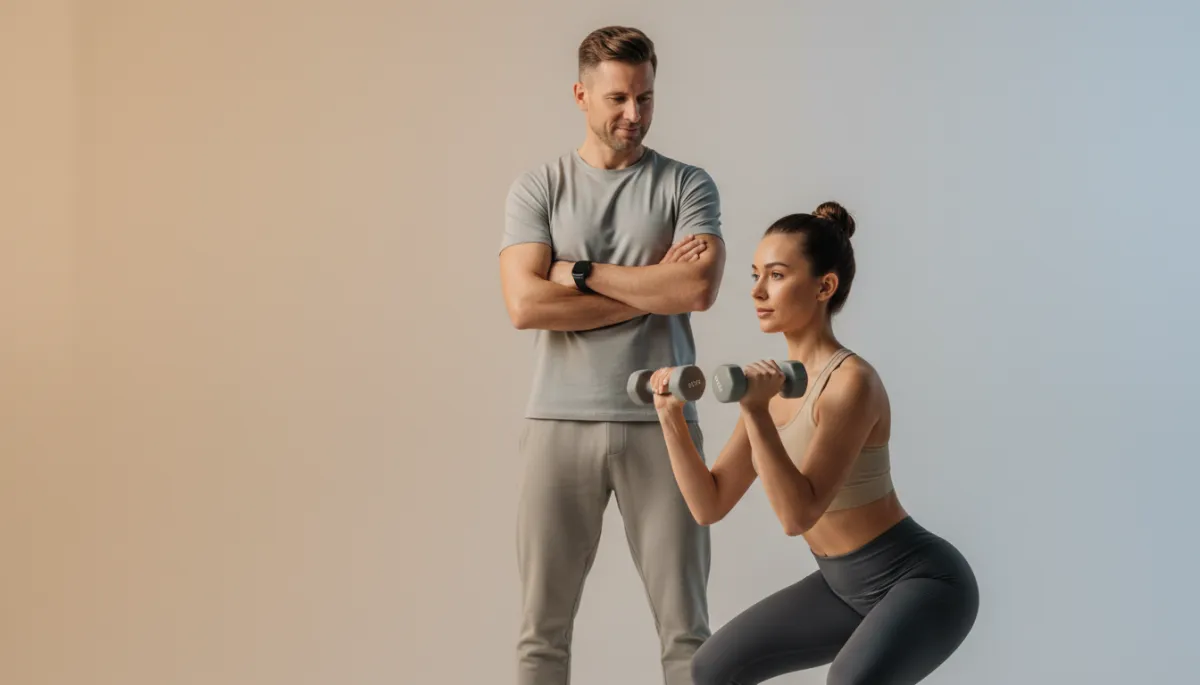 Coach supervising a client performing a squat with proper technique Coach supervising a client performing a squat with proper technique