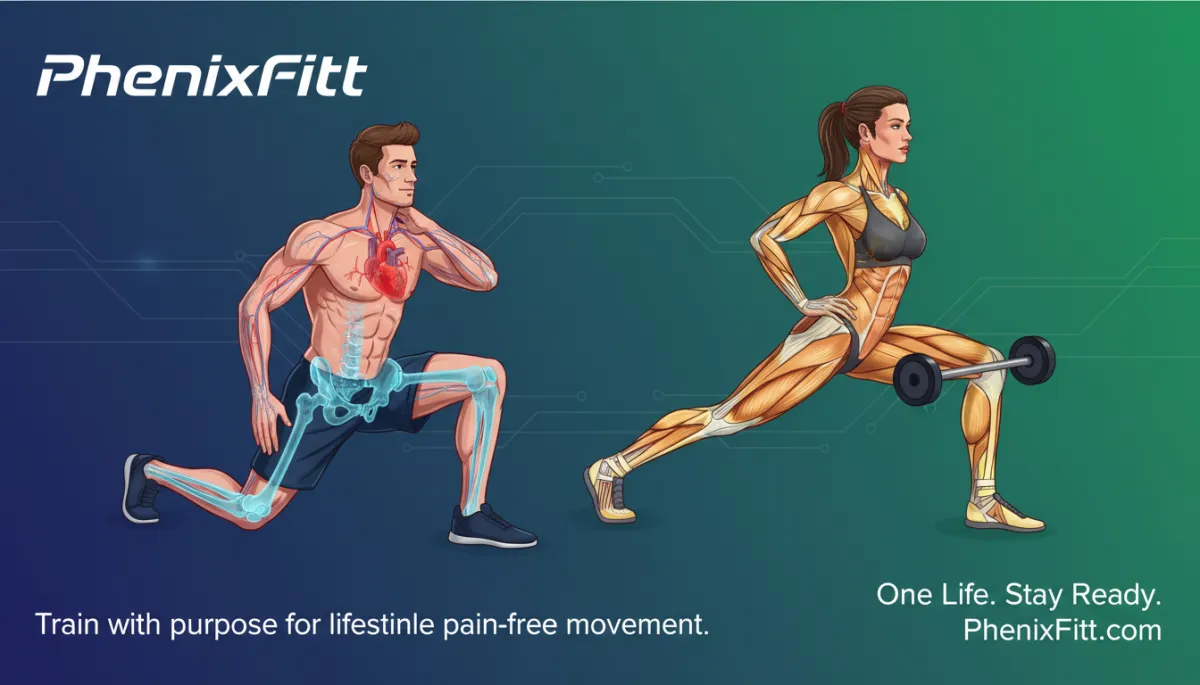 Replace with the new cover thumbnail: PhenixFitt man and woman with anatomical body overlays showing heart health, bone density, and mobility metrics — Your body is the one thing you can't replace. Protect it with the Half-Kneeling Hip Flexor Stretch and Nordic Hamstring Curl. Train with purpose for lifelong pain-free movement. One Life. Stay Ready. PhenixFitt.com