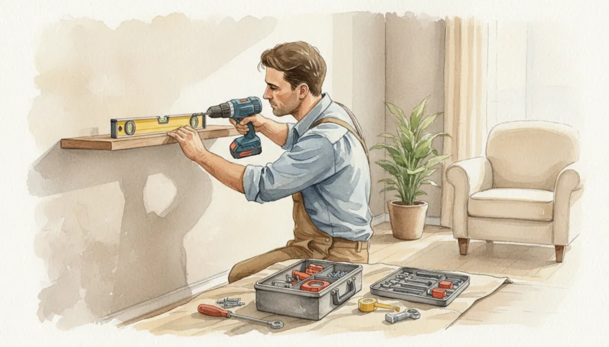 Handyman installing a shelf on a living room wall Handyman installing a shelf on a living room wall