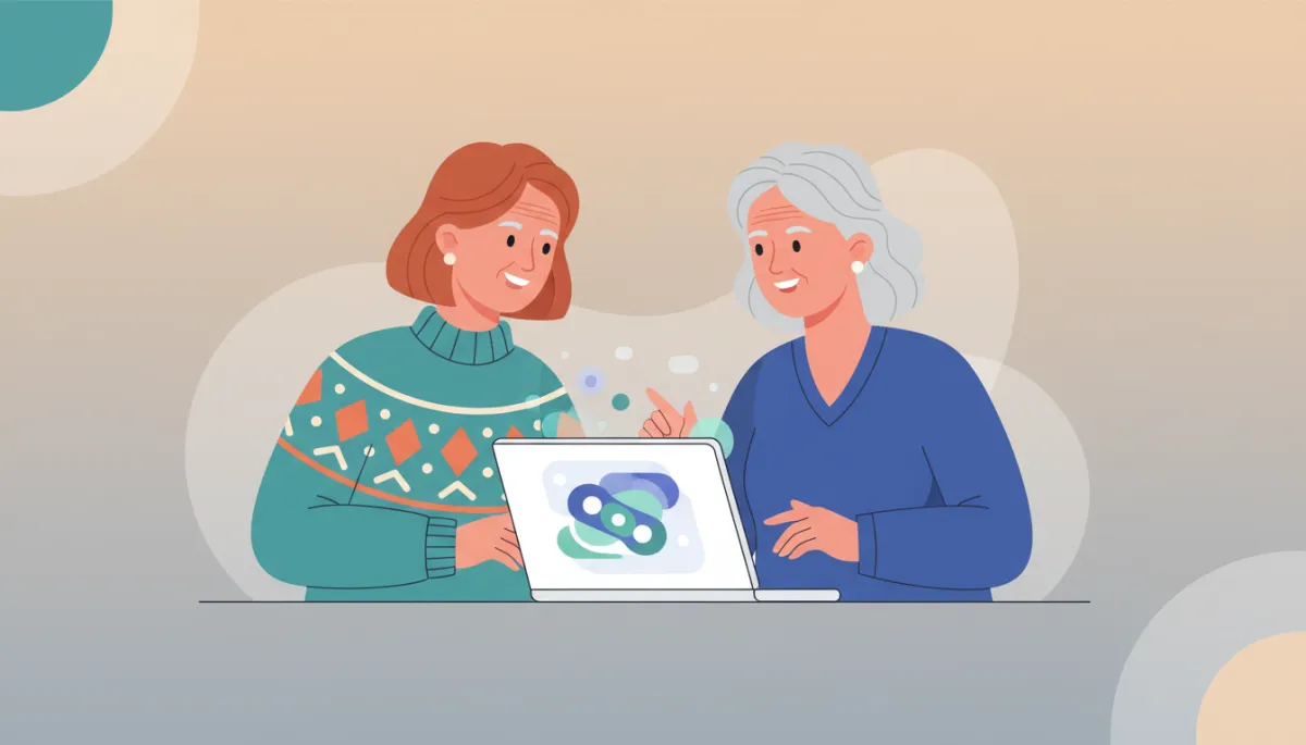 Two women over 50 using a laptop together and exploring AI tools