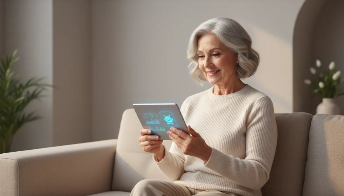 Older woman using a tablet with an AI-powered reading or learning app