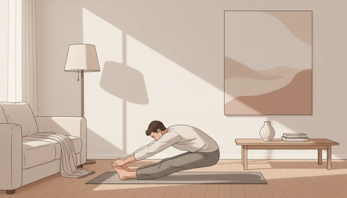 Man doing gentle stretches in a neutral-toned living room in the evening