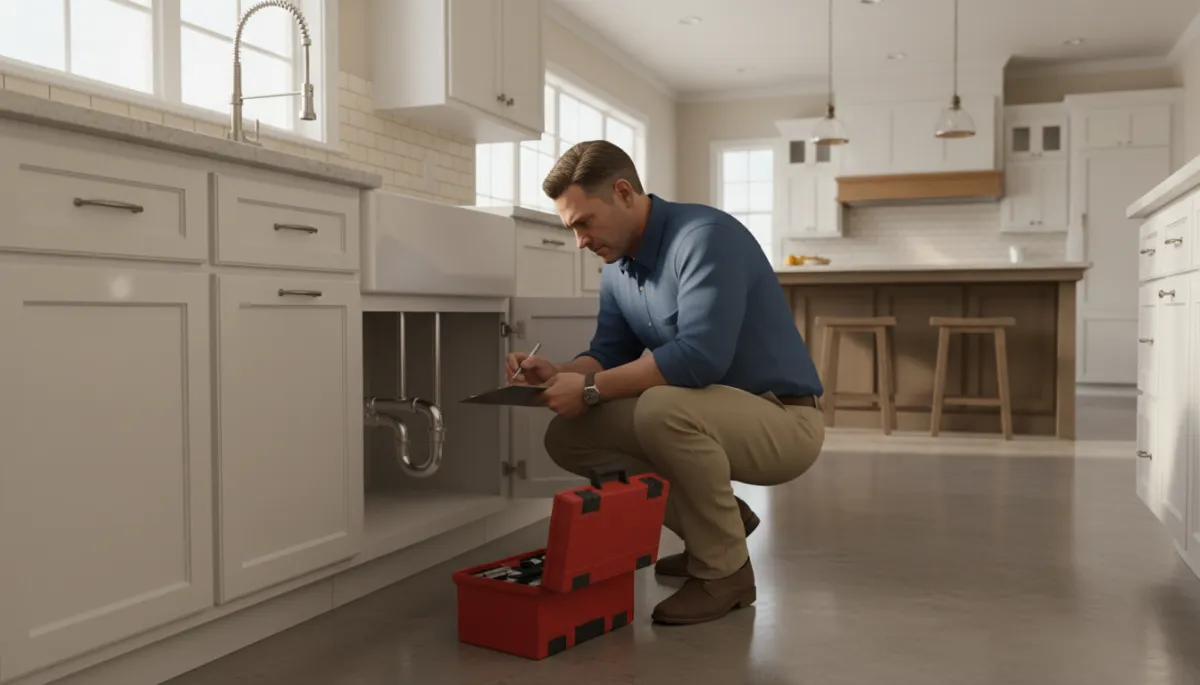 Home inspector examining plumbing under a kitchen sink in a suburban home