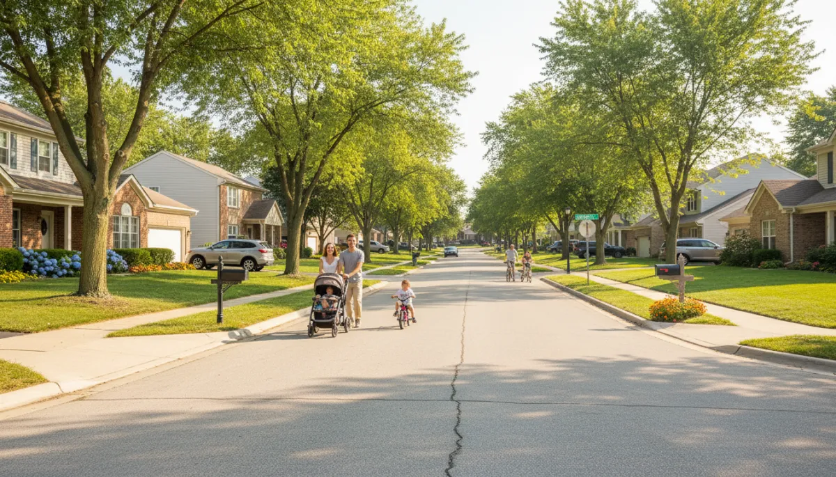 A photorealistic, high-resolution image of a quiet residential street in Schaumburg, Illinois on a sunny day. The scene features well-maintained single-family homes with tidy lawns, trees lining the sidewalks, and a few young families visible—parents walking with strollers or children riding bikes. The neighborhood exudes a safe, welcoming, and family-friendly atmosphere, with modern cars parked in driveways and subtle touches of community life, such as a mailbox, a street sign, and flower gardens. The overall look is realistic, professional, and inviting, suitable for a blog discussing the appeal of Schaumburg for young families. A photorealistic, high-resolution image of a quiet residential street in Schaumburg, Illinois on a sunny day. The scene features well-maintained single-family homes with tidy lawns, trees lining the sidewalks, and a few young families visible—parents walking with strollers or children riding bikes. The neighborhood exudes a safe, welcoming, and family-friendly atmosphere, with modern cars parked in driveways and subtle touches of community life, such as a mailbox, a street sign, and flower gardens. The overall look is realistic, professional, and inviting, suitable for a blog discussing the appeal of Schaumburg for young families.