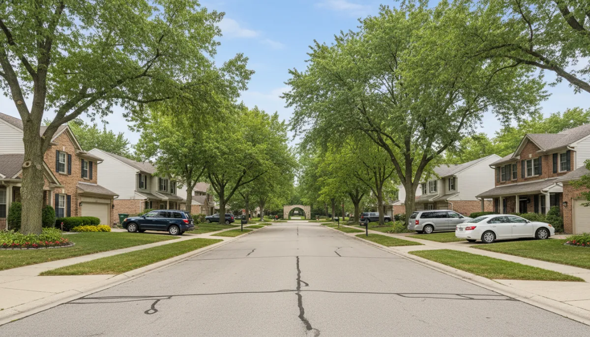 Quiet residential cul-de-sac with single-family homes and trees in Schaumburg