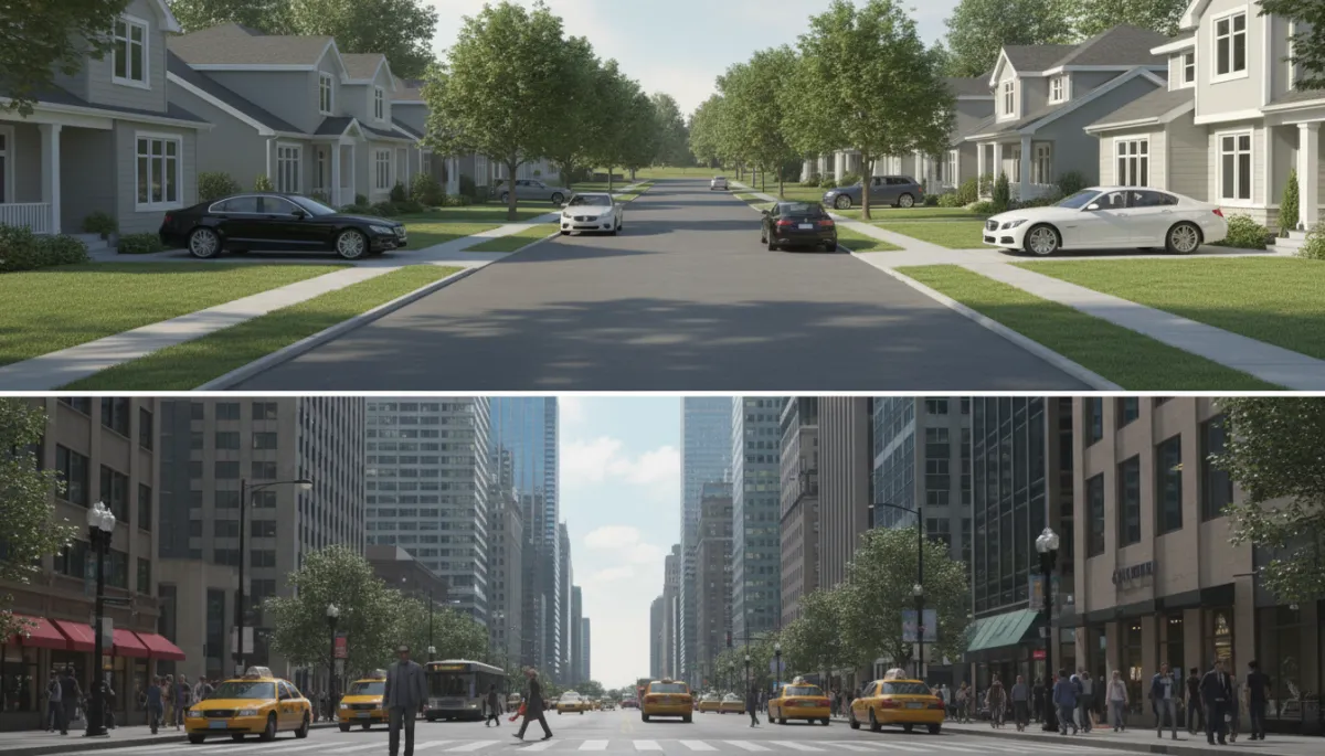 Side-by-side view of a Schaumburg neighborhood and a busy Chicago street