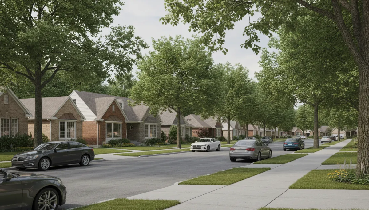 Tree-lined residential street in Schaumburg Illinois with single-family homes