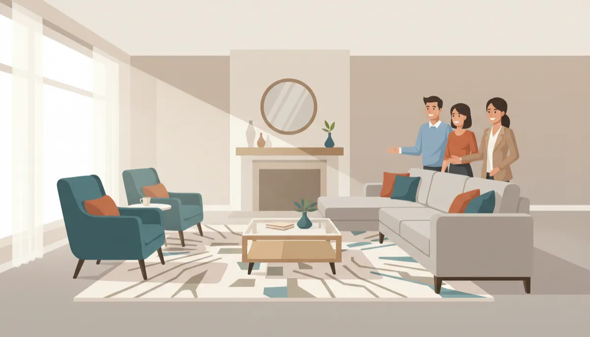 Staged Schaumburg living room being shown to potential buyers