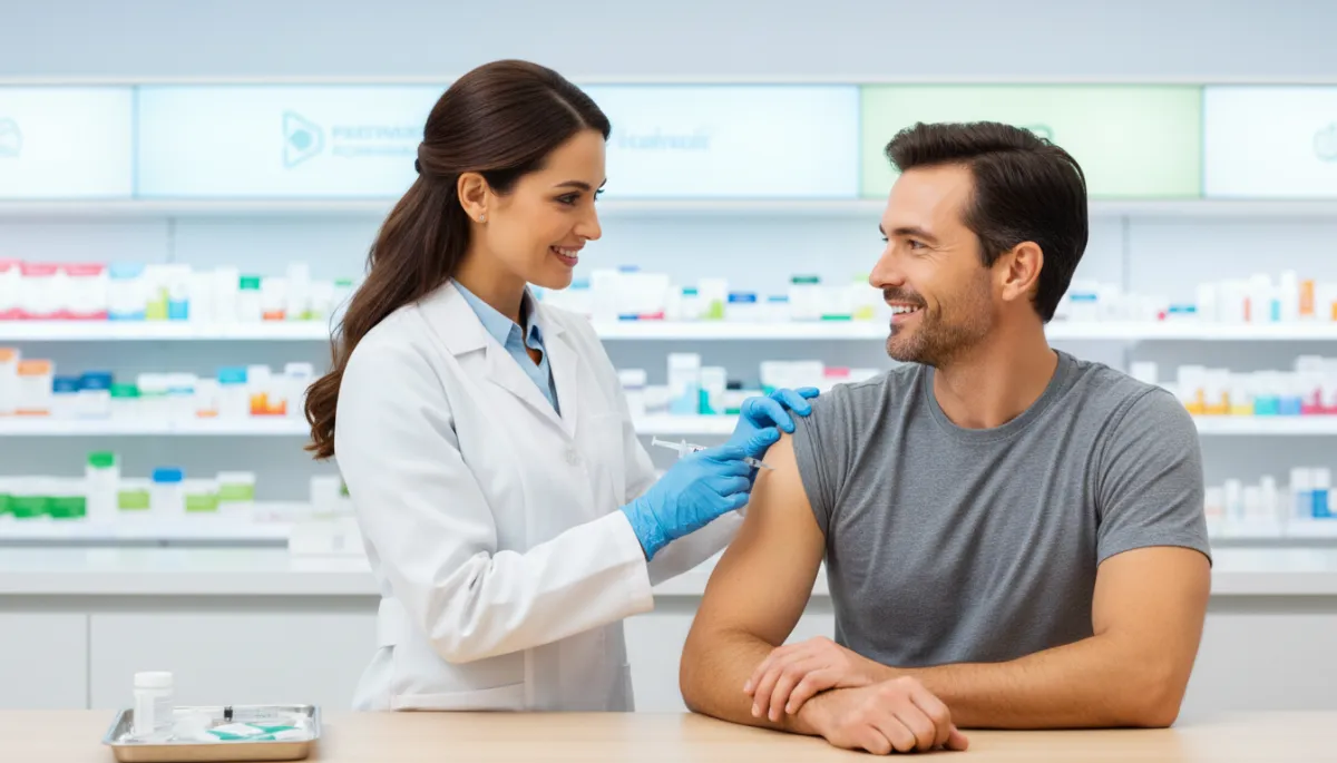 A real photo of a pharmacist in Katy, Texas administering a vaccination to an adult patient in a pharmacy setting. Both the pharmacist and patient should be real people, friendly and professional, with a clean, modern pharmacy background.