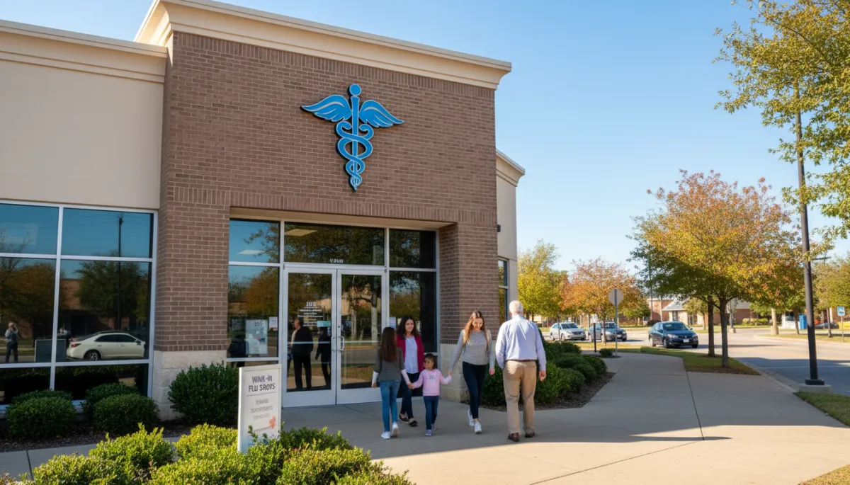 A high-quality, candid photo of a real pharmacist administering a flu vaccine to a real patient in a private area of a pharmacy in Katy, TX. Both individuals should be clearly real people, appearing comfortable, professional, and engaged. The background should show a typical pharmacy consultation area, with no AI-generated or illustrated elements.