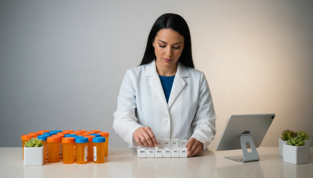 Pharmacist in Katy, Texas organizing synchronized medications for a patient