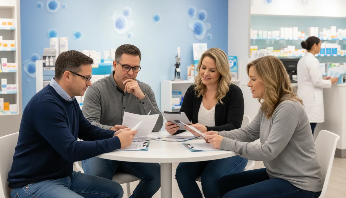 A real photograph of adults in Katy, Texas, sitting together and reviewing vaccine information before receiving immunization at a pharmacy. The scene should feature only real people (no cartoons or illustrations), with a friendly and authentic pharmacy environment.