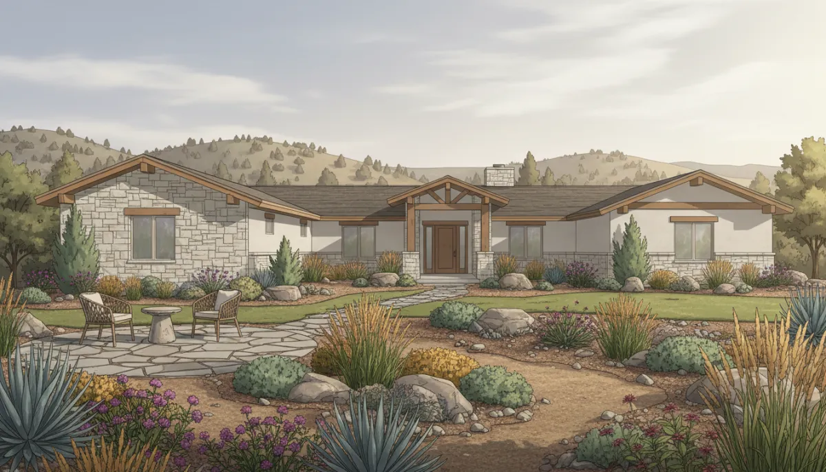 neutral-color illustration of a Denver-area home with a professionally landscaped front yard featuring xeriscaping, a small paver patio, native plants, and foothills in the background