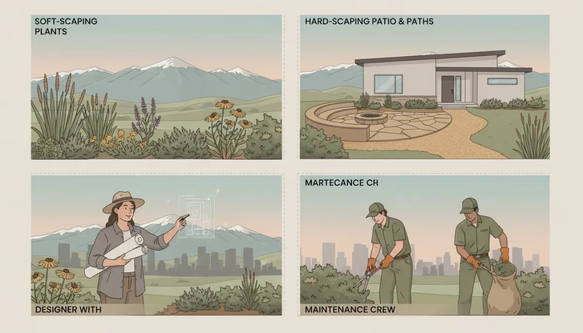 neutral color palette illustration of a Denver front yard divided into four labeled zones showing softscaping plants, hardscaping patio and paths, a designer with plans, and a crew performing maintenance, foothills and city skyline in background