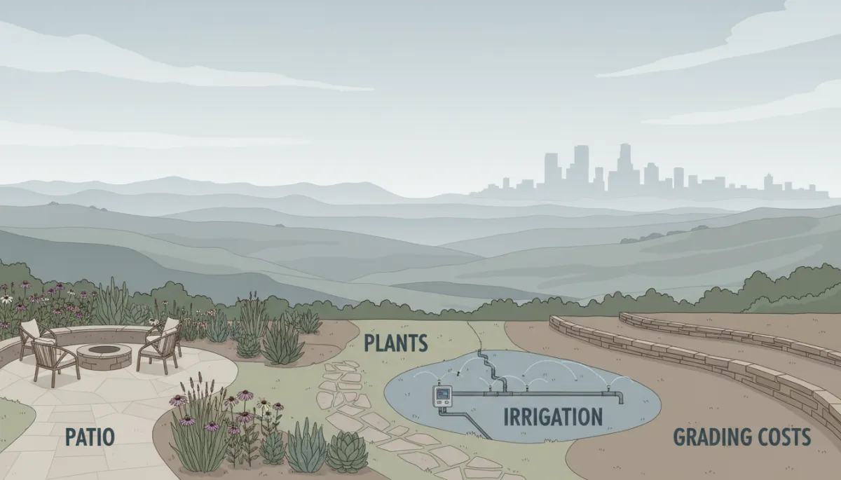 neutral-color illustration of a Denver Front Range backyard divided into labeled zones for patio, plants, irrigation, and grading costs, with foothills and city skyline in the background