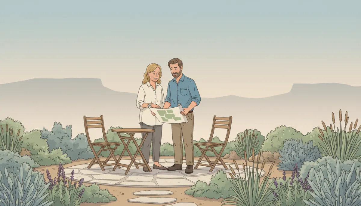 neutral-color illustration of a Denver-area backyard with xeriscape beds, native plants, small patio, and a homeowner reviewing a simple landscape plan with a friendly landscaper