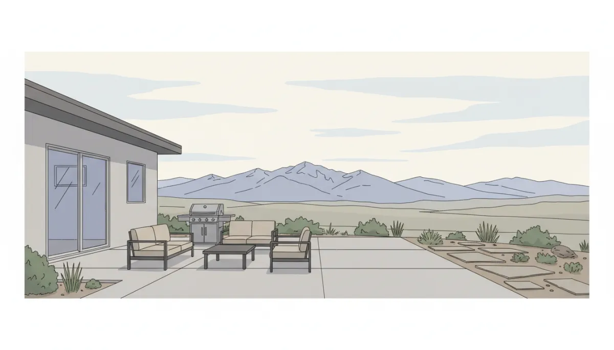 illustration of a Denver backyard with a 20x20 concrete patio, neutral color palette, foothills in the distance, patio furniture and grill arranged on a simple broom-finished slab, clean line-art style