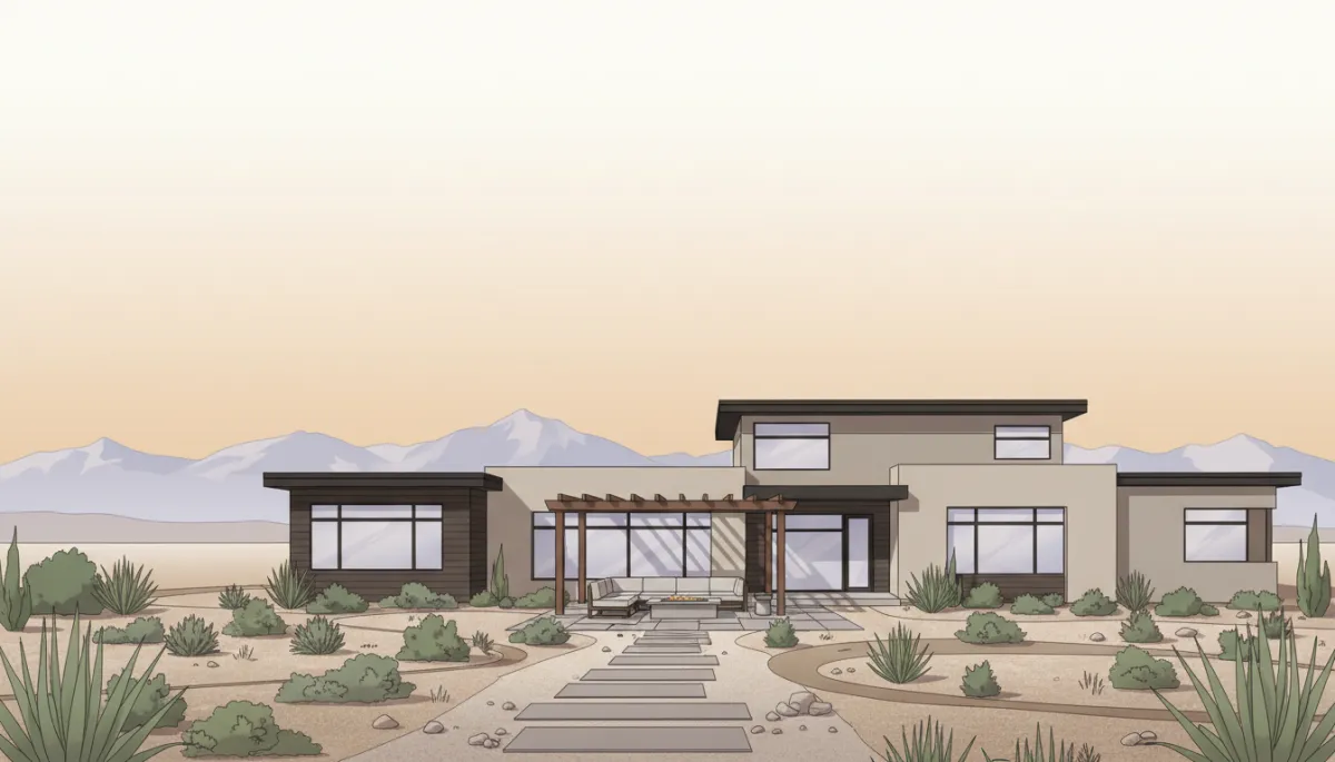 neutral-color illustration of a Denver suburban home with fresh xeriscape front yard, paver walkway, patio, and outdoor living area, mountains faint in background, clean modern lines