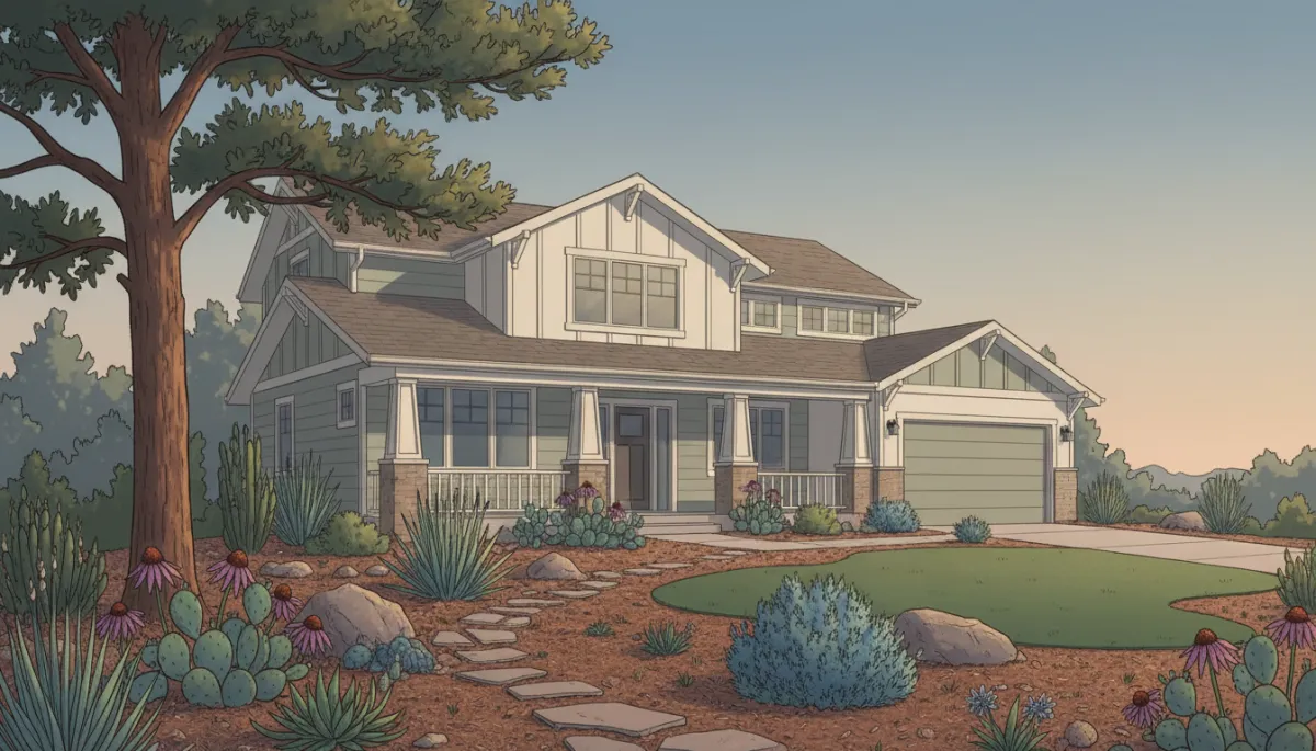 illustration of a Denver suburban home with a budget-friendly xeriscape front yard, native plants, mulch, and small lawn area, soft neutral color palette