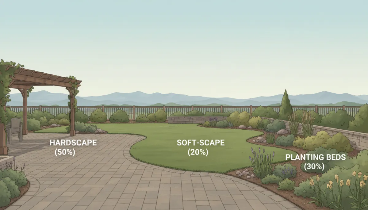 neutral-color illustration of a Denver suburban backyard divided into 70 percent patio and lawn and 30 percent planting beds, with mountains faintly in the background, labeled zones showing hardscape and softscape balance
