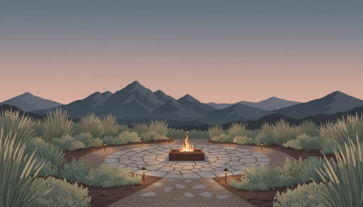 neutral-color palette illustration of a stylish Denver backyard at dusk with layered planting beds, a small paver patio, subtle path lighting, a compact fire feature, and mountain silhouettes in the background