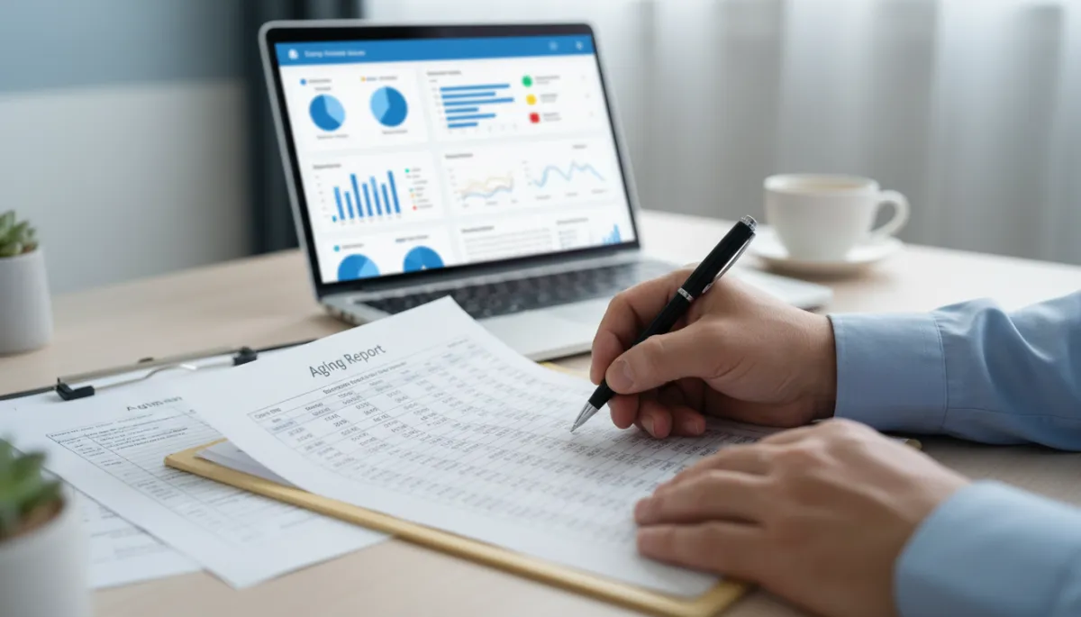 Medical biller reviewing aging report and denial trends at a desk