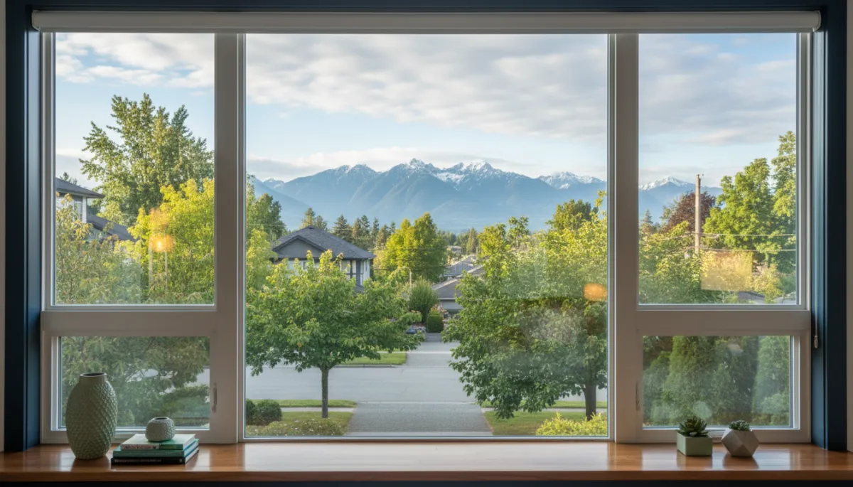 Crystal-clear residential windows with a Surrey neighbourhood and mountain view