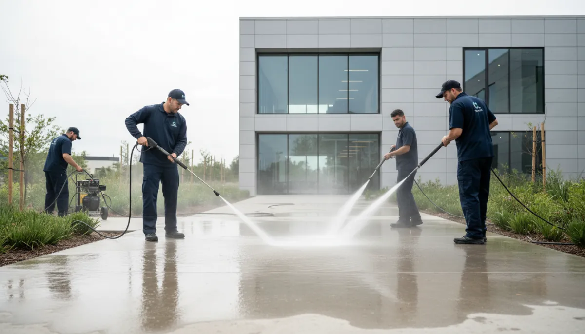 Cleaning crew pressure washing an exterior walkway of a new building